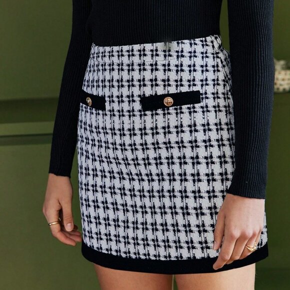 Black & White Boho Womens Allover Pattern Button Detail Contrast Piping Skirt - Picture 3 of 5